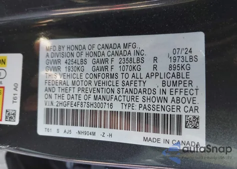 2025 Honda Civic Hybrid Sport/Sport Touring z USA, uszkodzony, nr VIN 2HGFE4F87SH300716